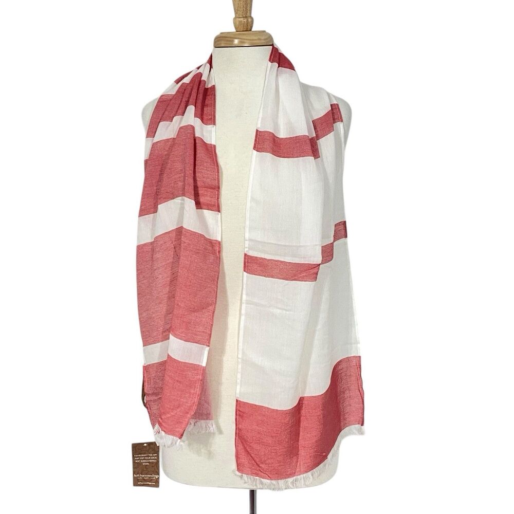 NEW Soft Surroundings RED WHITE Stripe SEMI SHEER Lightweight Cotton Scarf
